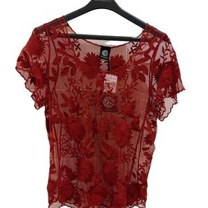 Bobeau Red Embroidered Top Size Large | Sheer Floral Shortsleeved Blouse —NWT